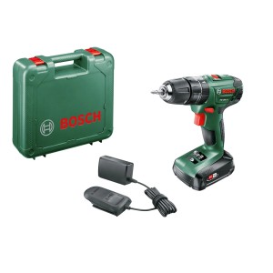 Wiertarko-wkrętarka akumulatorowa w zestawie z walizką, ładowarką i akumulatorem.