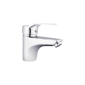 Błyszcząca bateria umywalkowa t.b.t. w chromowanym wykończeniu.