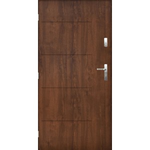 Brązowe drzwi zewnętrzne z trzema poziomymi liniami dekoracyjnymi i srebrną klamką.