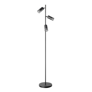 Czarna lampa podłogowa t.b.t. z trzema reflektorami do oświetlenia salonu.