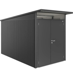 Metalowy domek narzędziowy Biohort AvantGarde A4 w kolorze ciemnoszary metalik z podwójnymi drzwiami.