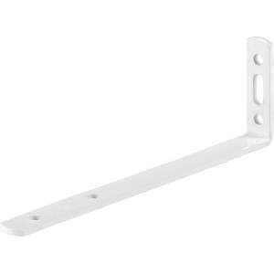Biały, malowany proszkowo kątownik do zasłon, 120x55x17 mm, z podłużnym otworem do regulacji.