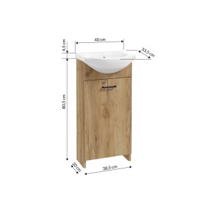 t.b.t. Szafka pod umywalkę z umywalką, wygląd drewna, wymiary zaznaczone.