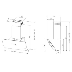 Rysunek techniczny okapu ściennego t.b.t. z wymiarami.
