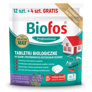 Biofos Professional tabletki biologiczne do szamb, likwiduje nieprzyjemne zapachy, redukuje osady. Z lawendą.