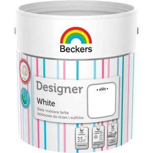 Wiadro białej farby do ścian Beckers, odpowiednie do ścian i sufitów.