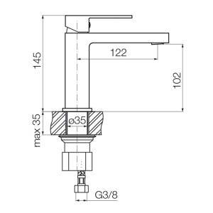 Rysunek techniczny baterii umywalkowej t.b.t. z wymiarami.