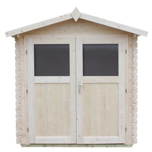 Drewniany domek ogrodowy z podwójnymi drzwiami i oknami