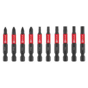 Zestaw 10 bitów udarowych Einhell z karabińczykiem w formacie kieszonkowym, różne bity do śrubokrętów.