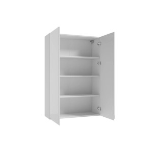 Biała szafka kuchenna wisząca (t.b.t.) z otwartymi drzwiami i półkami.