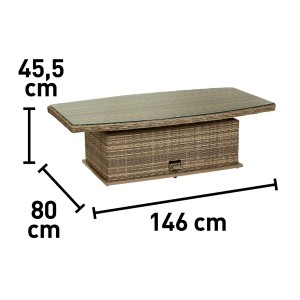 Stolik kawowy Yorktown z rattanu syntetycznego z regulacją wysokości i szklanym blatem, wymiary widoczne.