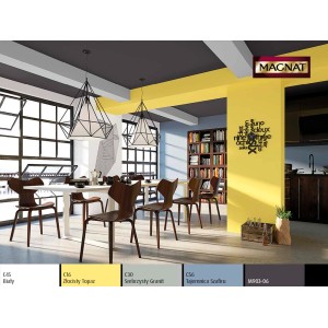 Pokój dzienny z kolorowymi ścianami (żółty, szary, niebieski) i meblami. Kolorowe farby do ścian t.b.t.