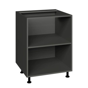 Szara szafka dolna t.b.t. z dwiema otwartymi przegrodami i czarnymi nóżkami.