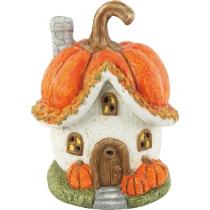 Dekoracyjna figurka ogrodowa w kształcie dyniowego domu, szczegółowy projekt do dekoracji jesiennych.