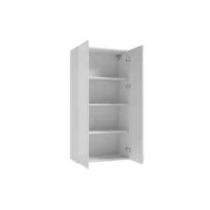 Biała szafka wisząca z zestawu mebli kuchennych z otwartymi drzwiami i trzema półkami.