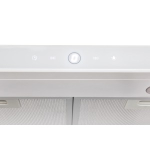 Zbliżenie białego, płaskiego okapu kuchennego z panelem sterowania.