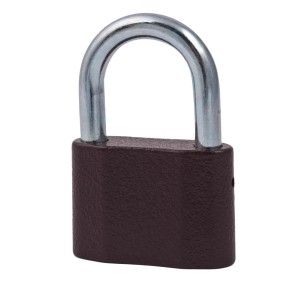 Brązowy kłódka z srebrnym pałąkiem dla większego bezpieczeństwa.