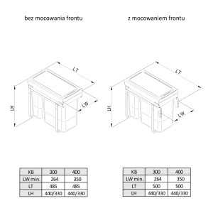 Szkic systemu organizacji kuchennej t.b.t. z wymiarami.