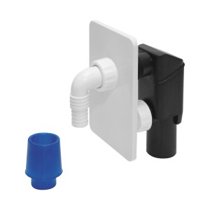 Syfon do pralki/zmywarki z białą płytą maskującą i niebieskim adapterem.