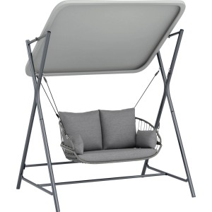 Szara huśtawka ogrodowa t.b.t. z daszkiem i poduszkami dla 2 osób.