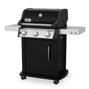 Czarny grill gazowy z półkami ze stali nierdzewnej i szafką.