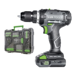 Wiertarko-wkrętarka akumulatorowa LUX 20V z walizką narzędziową i akumulatorem.