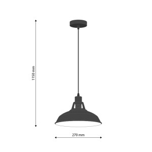 Czarna lampa wisząca t.b.t. o wymiarach 1150 mm wysokości i 270 mm średnicy.