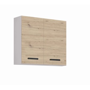 Szafka wisząca z serii mebli kuchennych t.b.t. z dwoma drzwiami w drewnopodobnym wykończeniu i czarnymi uchwytami.