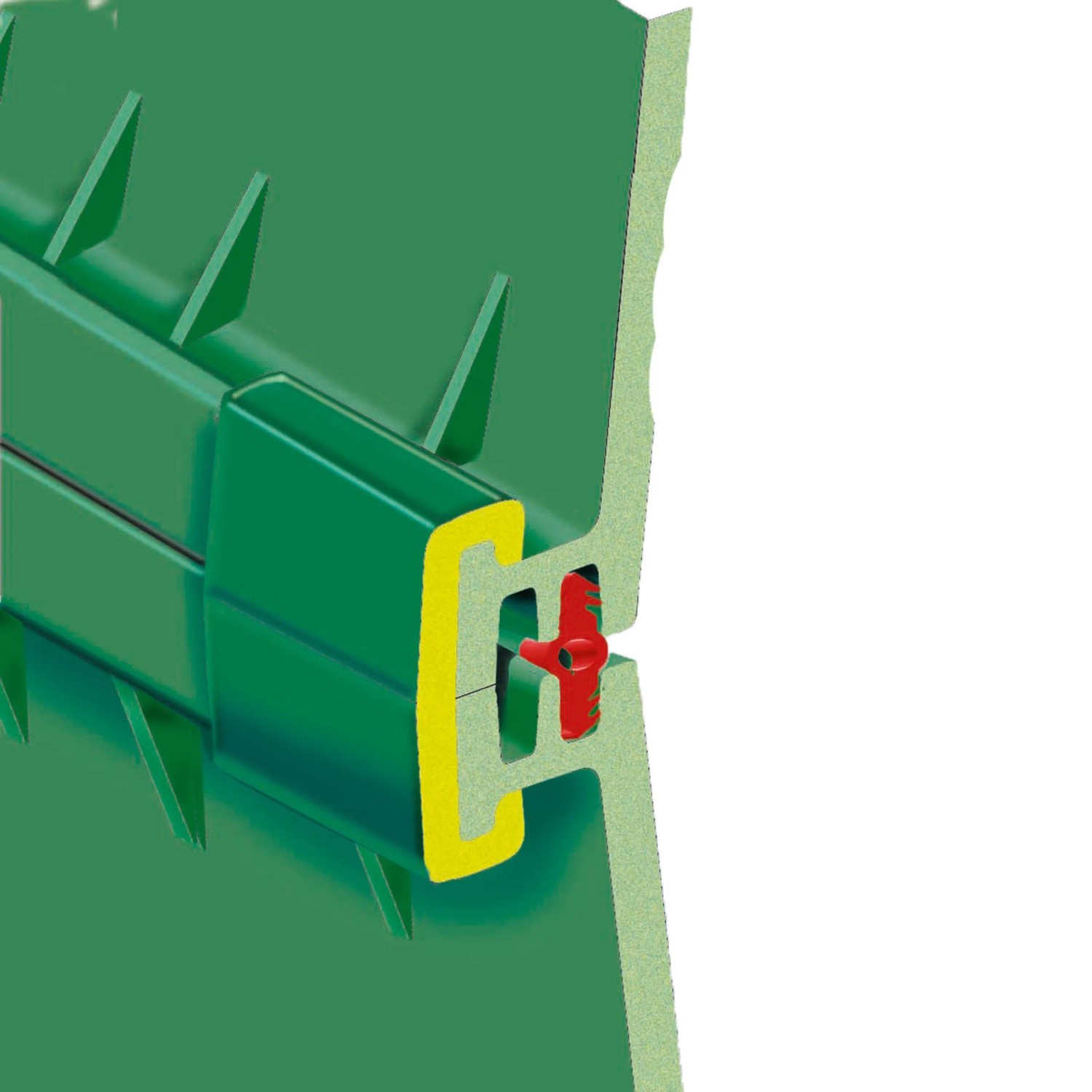 Zbliżenie: Zielona cysterna Garantia Herkules 1600 l, element łączący.