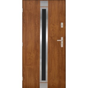 Brązowe drzwi zewnętrzne z wąskim, pionowym przeszkleniem i srebrnymi akcentami.