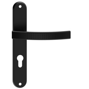 Czarna klamka do drzwi t.b.t. z szyldem na klucz do drzwi wewnętrznych.