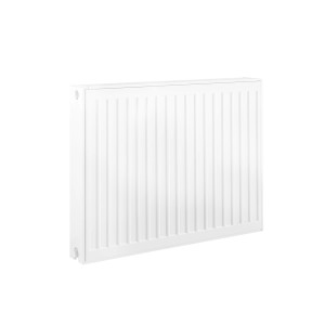 Biały grzejnik t.b.t. do montażu na ścianie. Struktura żebrowana.