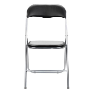 Czarne krzesło składane ze srebrną ramą.