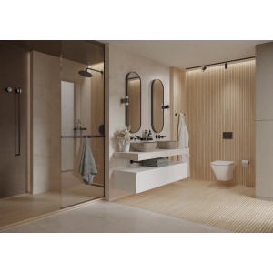 Nowoczesna łazienka z płytkami podłogowymi t.b.t. imitującymi drewno, prysznicem i umywalką.