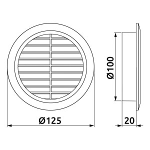 Rysunek techniczny: Okrągła kratka wentylacyjna z wymiarami (Ø125mm, Ø100mm, 20mm).