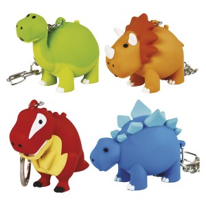 Różne breloczki do kluczy z dinozaurami, Latarki.