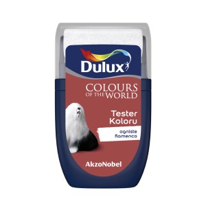 Tester farb Dulux „ogniste flamenco”: Czerwonobrązowy wałek do malowania ścian z psem.