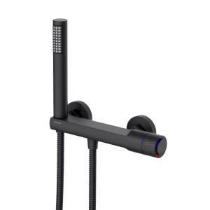 Czarna bateria prysznicowa t.b.t. z słuchawką i termostatem do nowoczesnych kabin.