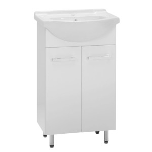 Biała umywalka t.b.t. z szafką jako część zestawu mebli łazienkowych.