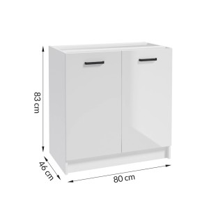 Biała szafka dolna kuchenna (80x83x46cm) z dwoma drzwiami i czarnymi uchwytami. Część zestawu mebli kuchennych.
