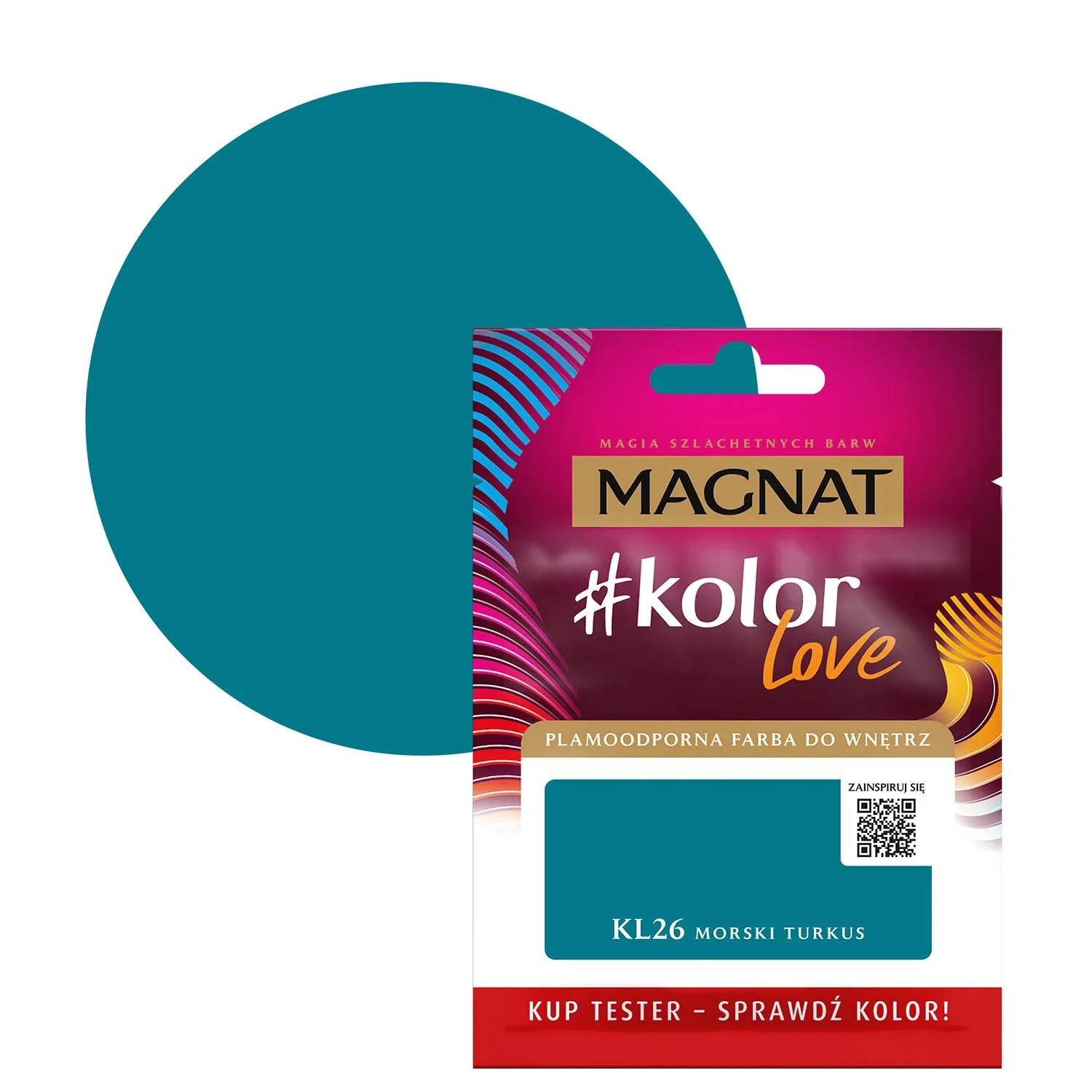 Próbka koloru i tester farby Magnat #kolor Love, odcień KL26 Morski Turkus.