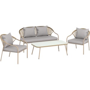 Szary zestaw mebli ogrodowych z sofą, dwoma krzesłami i stołem do użytku na zewnątrz.