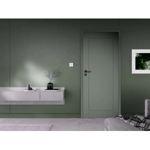 Szare drzwi wewnętrzne (t.b.t.) w nowoczesnym salonie z konsolą i dekoracją.