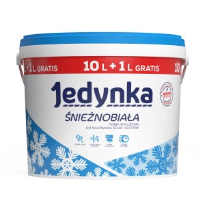 Wiadro białej farby do ścian Jedynka Śnieżnobiała (10L + 1L gratis) z motywem śnieżynek.