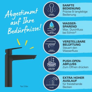 Czarna bateria umywalkowa Grohe XL-Size z wysoką wylewką do umywalek wolnostojących.