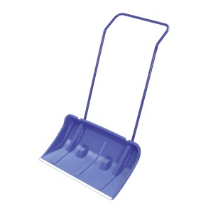 Niebieska łopata do śniegu z uchwytem ułatwiającym odśnieżanie.