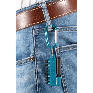 Turkusowy zestaw bitów Makita z karabińczykiem przymocowanym do paska.