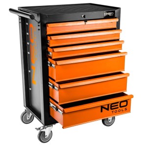 Wózek narzędziowy Neo Tools z 7 szufladami, czarno-pomarańczowy.