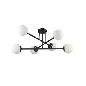 Nowoczesna czarna lampa wisząca z sześcioma białymi kulami.