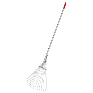 Grabie wachlarzowe z 15 zębami i teleskopowym trzonkiem, regulowana szerokość do liści i skoszonej trawy.